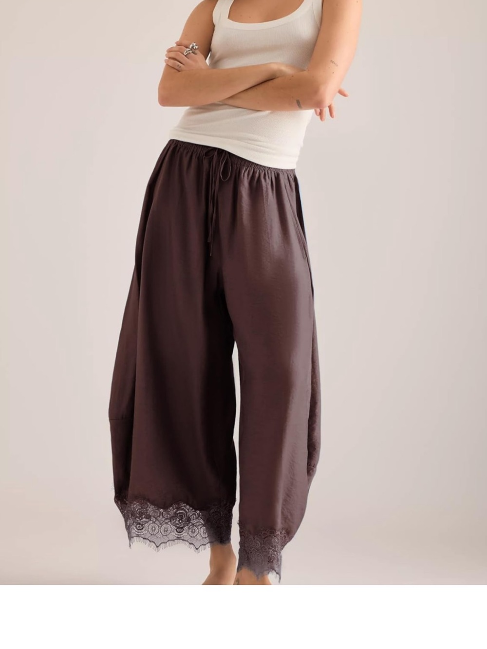 Amazon barrel Lace Trim Wide Leg Pants — Brown